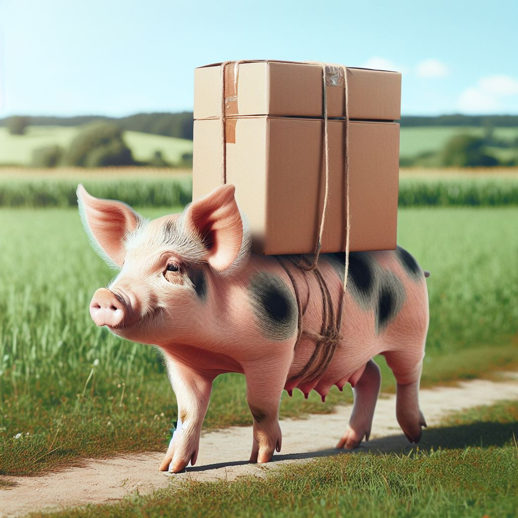 The image shows a pig carrying a cardboard box tied to its back with twine. The pig is walking along a dirt path in a rural setting, with green fields visible in the background. The overall impression is whimsical and humorous, illustrating permission piggybacking.